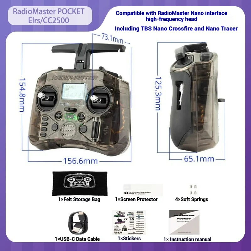 

RadioMaster POCKET CC2500 / ELRS FPV RC 2.4G Radio Controller 18650 battery compartment Portable Foldable Antenna Left throttle