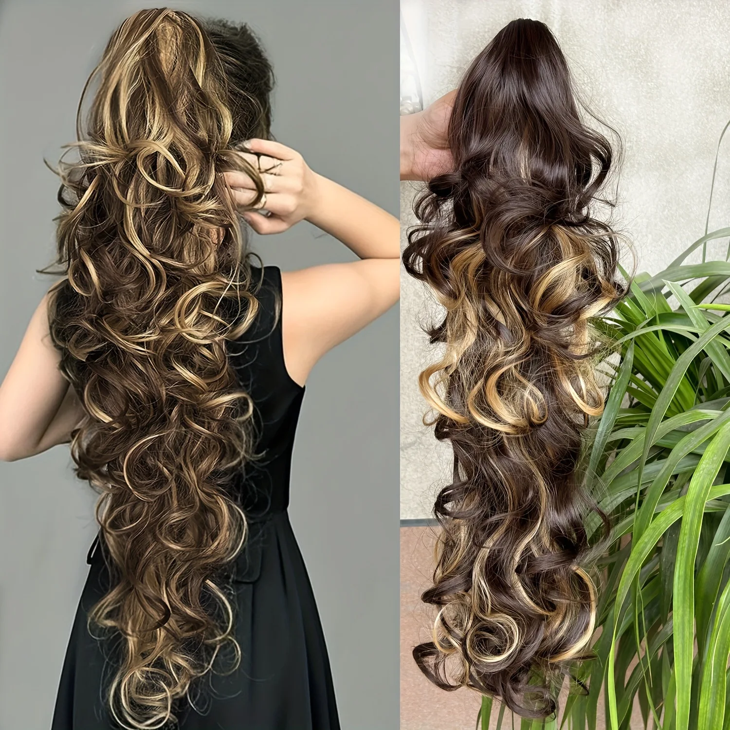 

Layered Long Curly Wavy Ponytail Claw Clip 24" Synthetic Hair Extension Drawstring Ponytails For Women Clip In Hair Extension