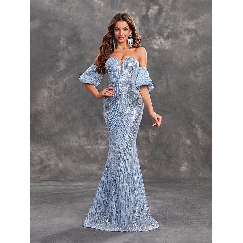 Frauen Sexy Backless Liebsten Kleider Sommer Off Schulter Blau Pailletten Formelle Anlässe Abend Cocktail Prom Langes Kleid Vestido