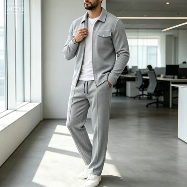 Men Waffle Knit 2 Piece Tracksuit Lapel Zip up Jacket Drawstring Straight Pants Set Business Casual Office Daily Wear Outfit
