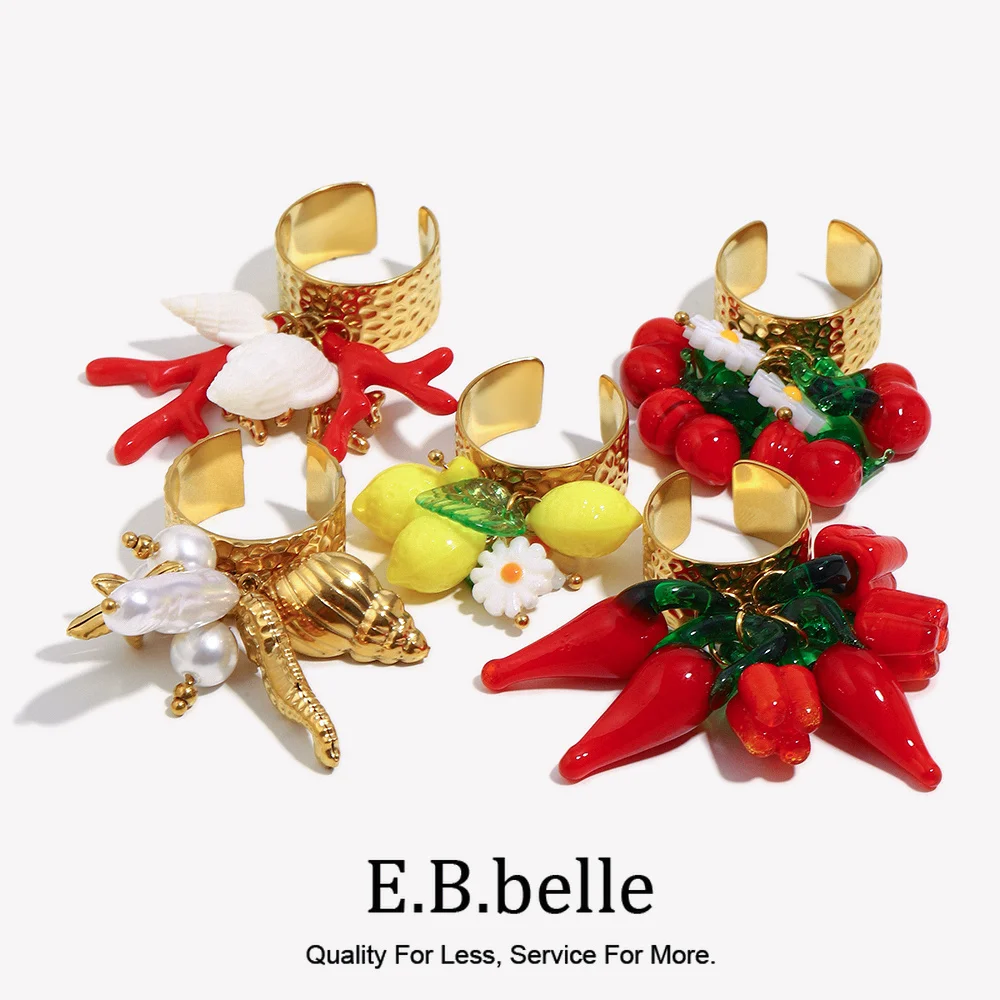 E.B.belle Trend Stainless Steel Coral Lemon Chili Seahorse Pendant Open Rings Woman Gold Plated Finger Jewelry