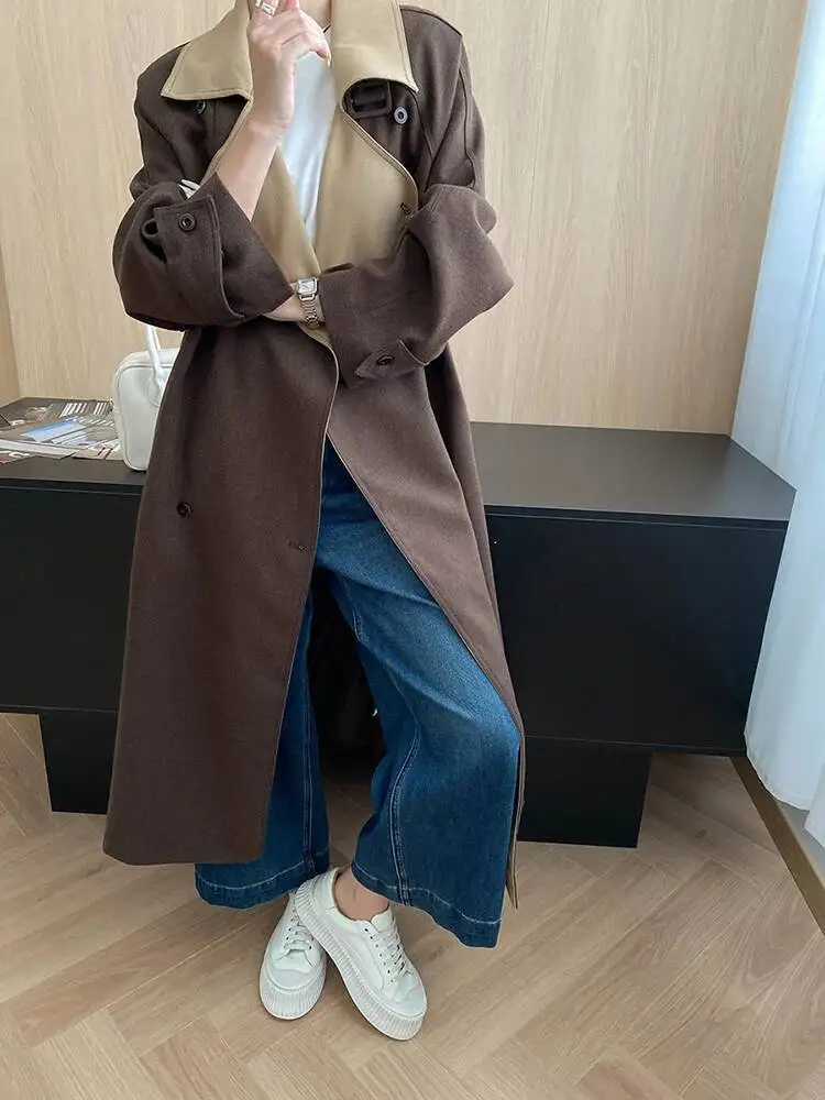 TLXT أنيقة المرأة التباين اللون خندق غير النظامية مزدوجة الصدر حزام تجمع الخصر سترة واقية موضة خريف جديد 2025 #6