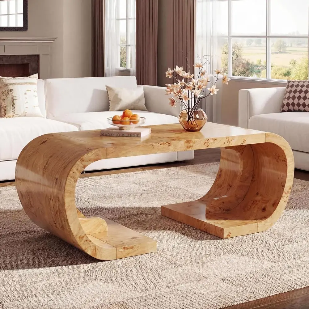 

Large 47 C-Shaped Coffee Table, Burl Wood with Curved Design for Living and Home Office