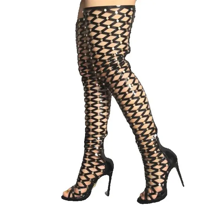 

Olomm New Arrival Women Thigh High Sandals Sexy Rivets Thin High Heel Sandals Open Toe Black Dress Shoes Women US Plus Size 5-20