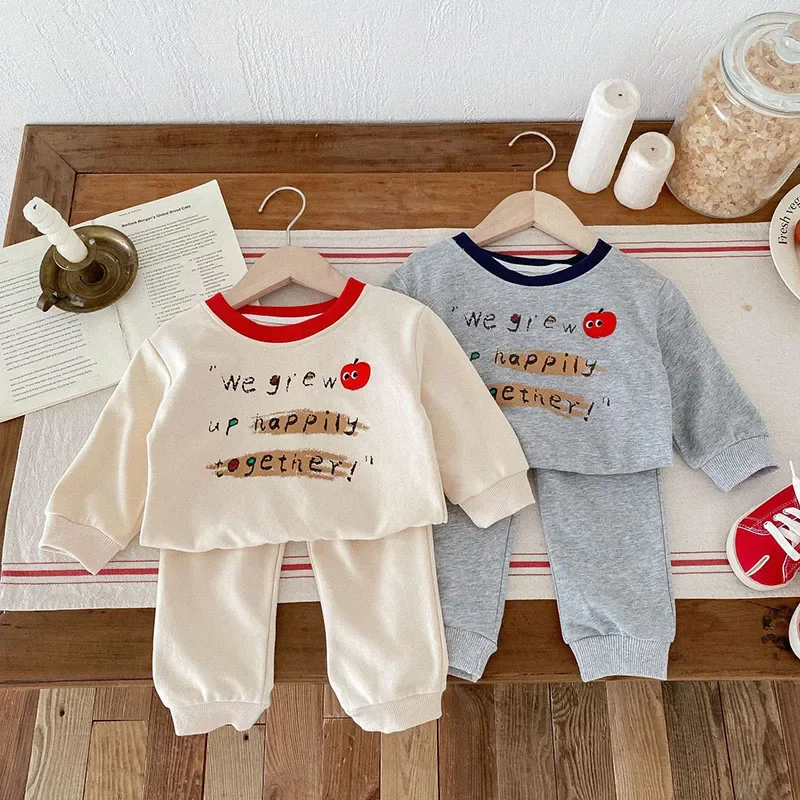 1-4T Baby Clothing Sets 2024 Autumn New Cotton Infant Boys\' Letter Apple Printed Sportswear Girls\' Fashion Top and Pants 2Pcs