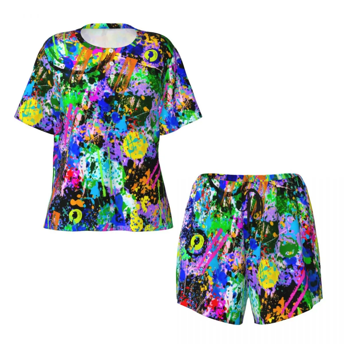 Pijamas coloridos con estampado Tie Dye para mujer, ropa de dormir romántica con grafiti para carnaval, conjuntos de pijamas personalizados informales de manga corta con cuello redondo para verano