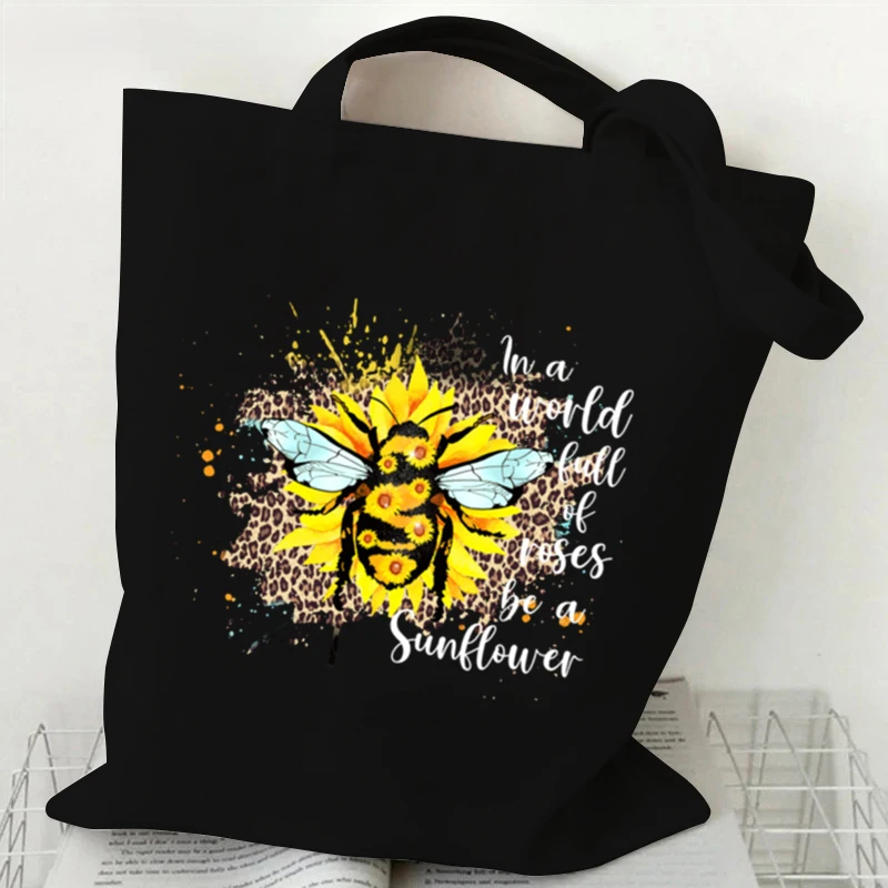 Queen Bee Flower Tote Handbag Black Canvas Handbag Student Single Shoulder Bag Gift Large Shopping Bag Canvas Cosmetic Bag