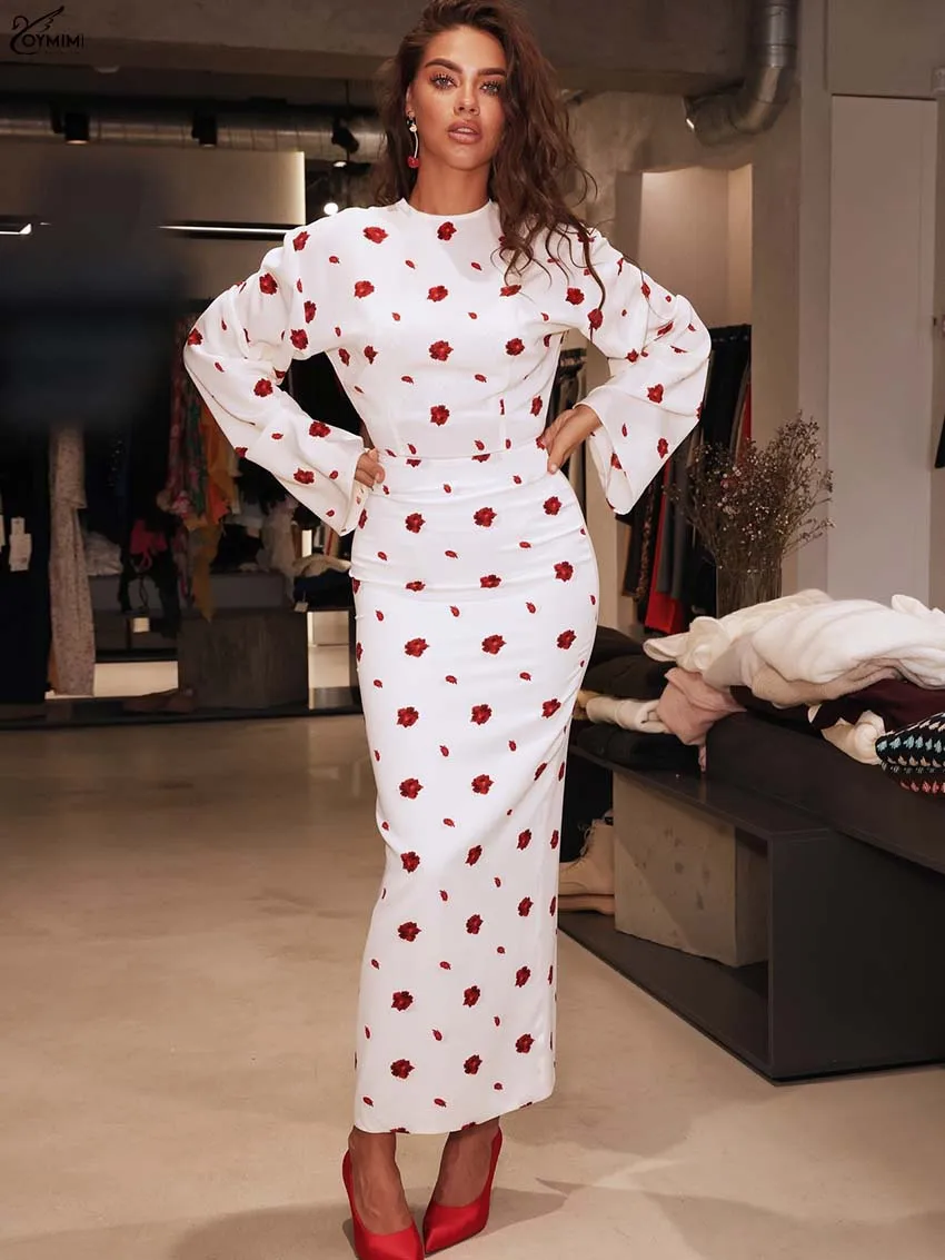 

Oymimi Elegant White Print Womens Dresses Autumn New O-Neck Long Sleeve Slim Dresses Fashion High Waist Straight Mid-Calf Dress