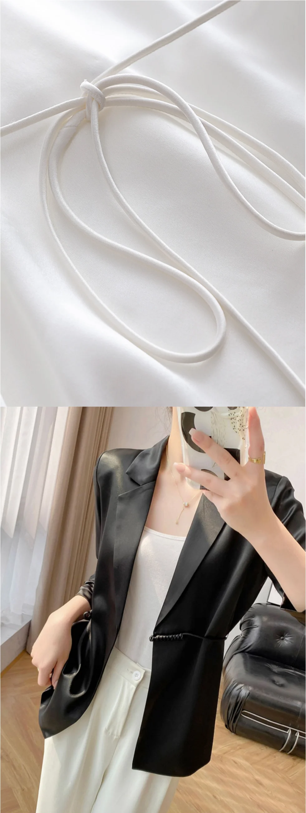 Damenjacke für Frühling und Herbst, neue Arbeitskleidung im chinesischen Stil, modischer und eleganter weißer Freizeitblazer, Satin-Acetat-Stoff, schwarzer Blazer mit Dreiviertelärmeln und einem Knopf – Detail 5