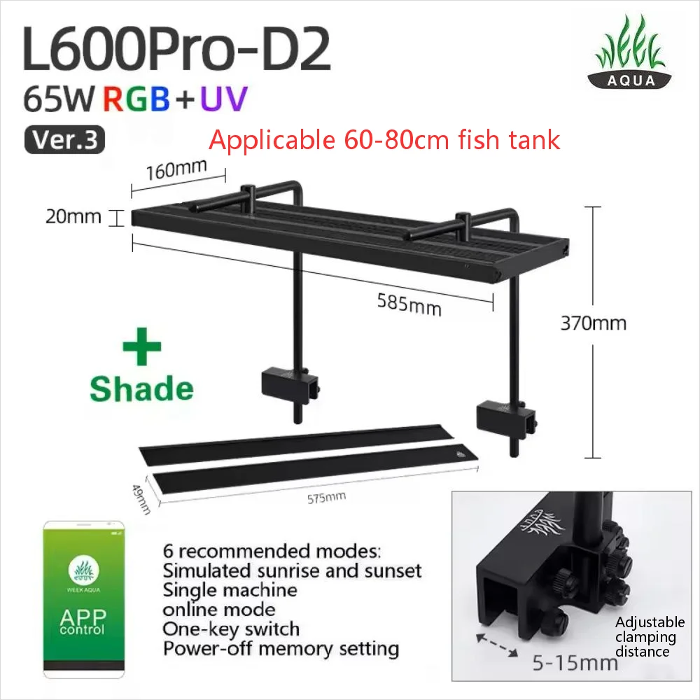 

Aquarium LED Light NEW Ver.3 WEEK AQUA L600Pro-K L600Pro-D2 RGB+UV Freshwater Planted Growing Fish Tank Lamp With APP Control
