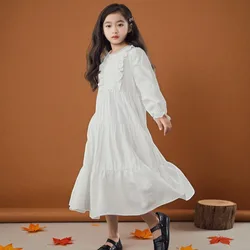 Teens Winter Girls White Lace Dress Kids Outfits Baby Party Long Dress Muslim Event Princess Children Costumes 6 8 9 10 12 Years