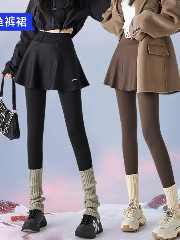 

High Waist Fce Lined Yoga Pants Women's Outerwear Autumn Winter Warm Skirted Trousers Nine Point Polyester Fiber