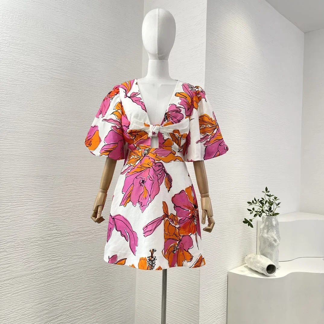 New Top Quality Women New Collection Pink Floral Print Short Sleeve Bow Holiday Mini Dress