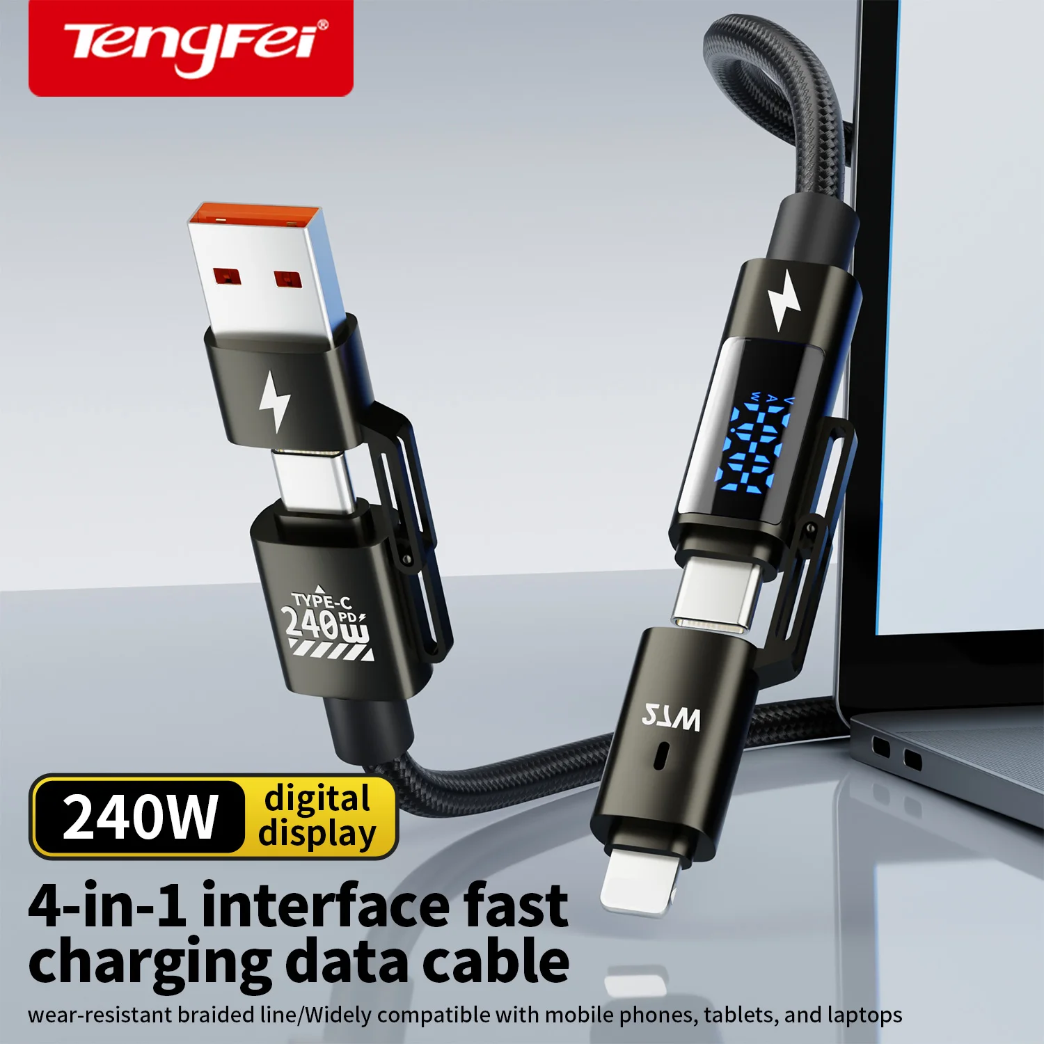 Super Fast Charging Phone Data Cable 240W Braided Zinc Alloy Four-in-One Digital Display Dual Type-C Two-Drag-Two Charging Cable