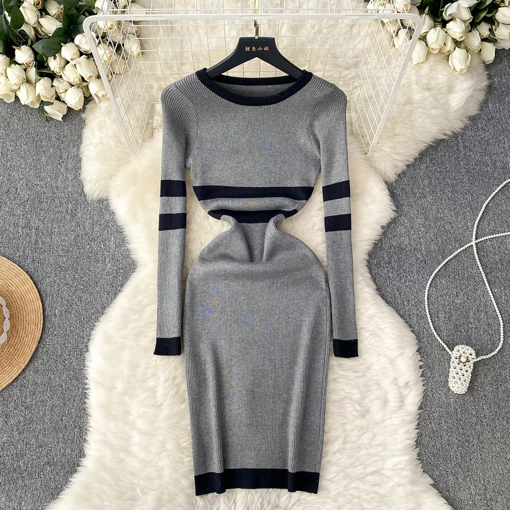 

Croysier Short Dresses 2023 Women Autumn Winter Long Sleeve Contrast Trim Knitted Dress Round Neck Elegant Party Bodycon Dress