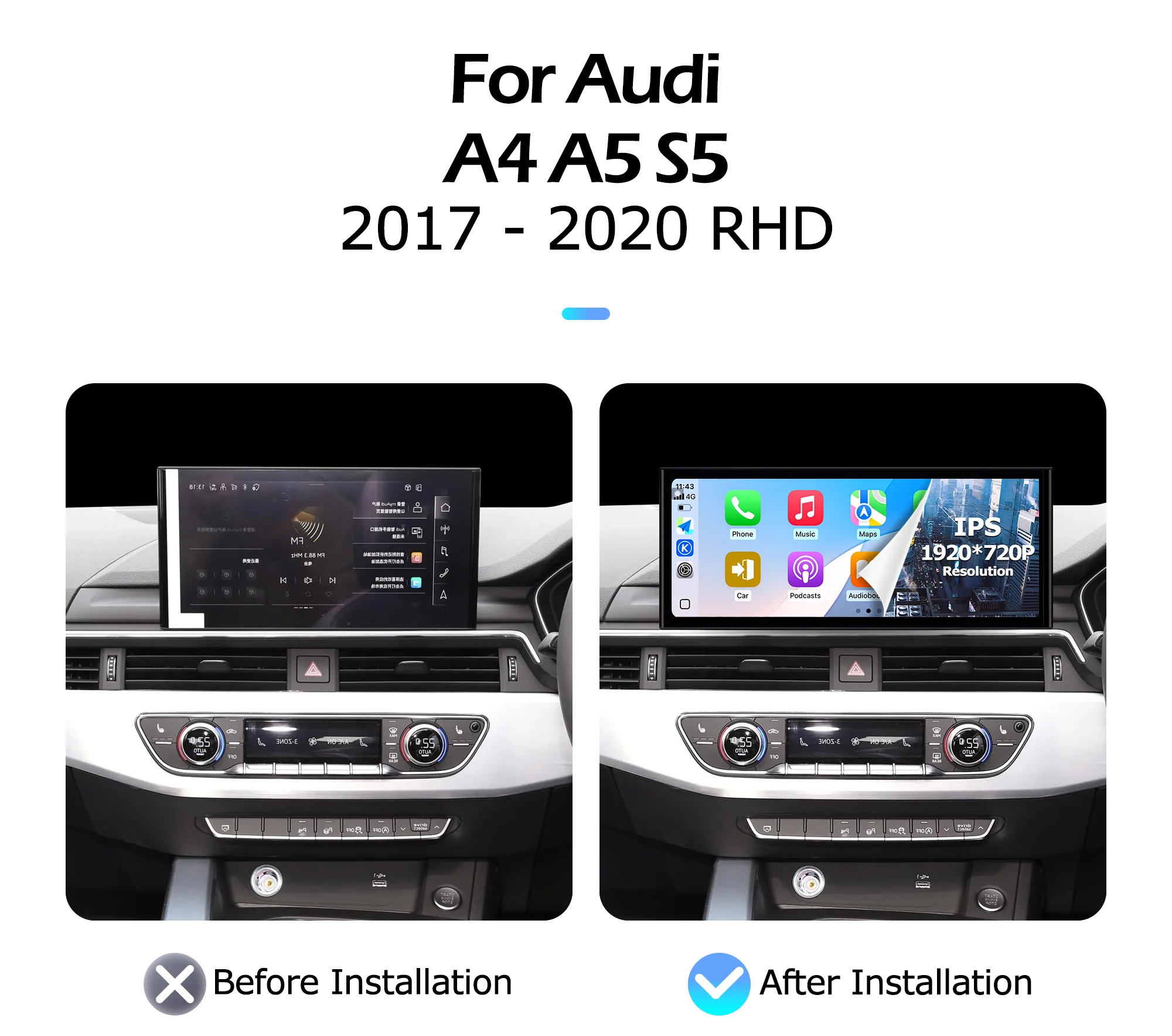 Carplay 1920*720P Android 15 12.3 inch For Audi A4 A5 S5 2017-2020 RHD Lntelligent Multimedia Touch Screen GPS WIFI 4G Bluetooth