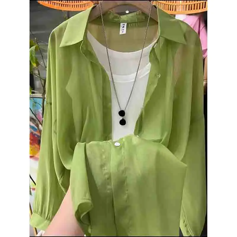 Women Chiffon Lantern Sleeve Sun Protection Shirt Female New Fashion Mid Length Version Pearlescent Yarn Sunscreen Clothing Tops