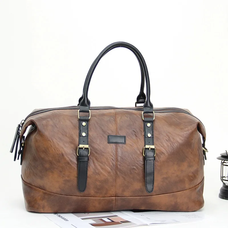 

PU Leather Travel Casual Duffel Bag for Men Large Capacity Weekender Overnight Bag Waterproof Carry On Luggage Gym Tote Bag