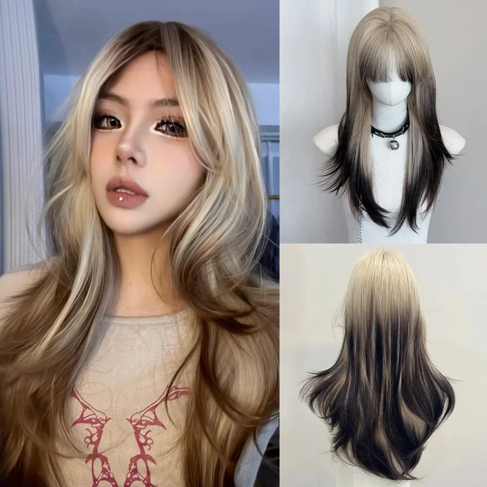 

Brown Ombre Blonde Long Straight Synthetic Wig with Bangs Fluffy Lolita Cosplay Heat Resistant Wig for Daily Party