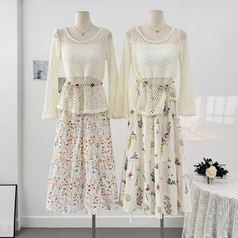 

Ретро-блузка с вырезами и шнуровкой, круглый вырез горловины + короткий топ-майка + юбка-карандаш с высокой талией и цветочным принтом, женский летний комплект из трех предметов