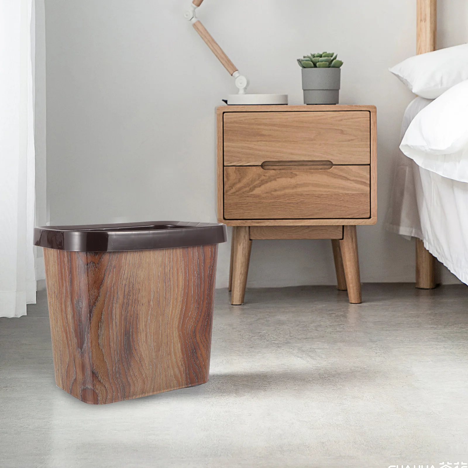 

Imitation Wood Grain Trash Can Retro Style Plastic Waste Bin Bedroom Kitchen Office Garbage Container Large Opening Reusable