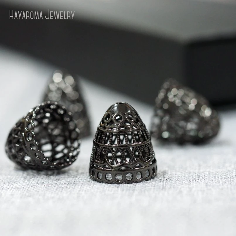 30pcs Black Filigree Floral Bead Charm End Tassel Cap Cone Vintage Finding Jewelry Making Supplies