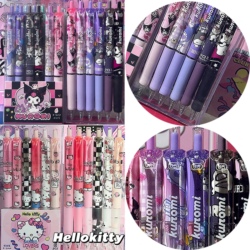 Sanrio-Bolígrafo de Gel de Hello Kitty, 6 piezas, 0,5mm, tinta negra, neutro, suministros de oficina y escuela para estudiantes, regalo de papelería