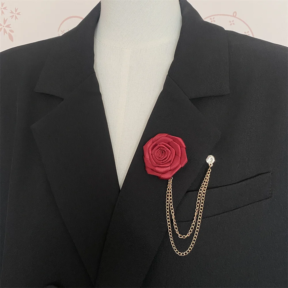 الرجال الزفاف دبابيس القماش الفن اليدوية زهرة الورد بروش التلبيب شارة بدبوس شرابة سلسلة الرجال دعوى اكسسوارات العريس العروة
