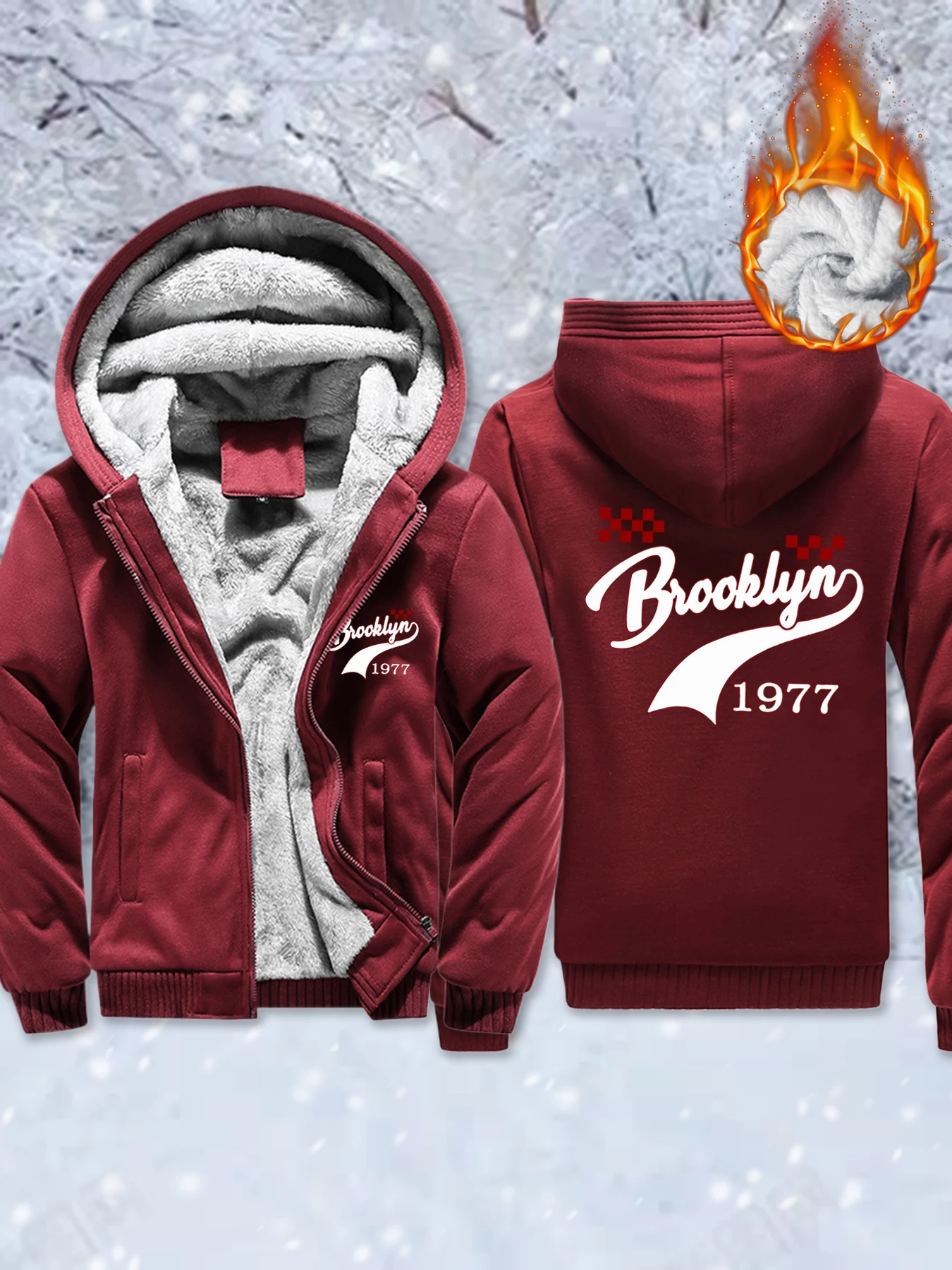 

Brooklyn 1977 Creative Prints Unisex Fleece Soft Jackets Comfy Warm Veste Winter Thicken Streetwear Pocket Zip-Up Hoodie Mens