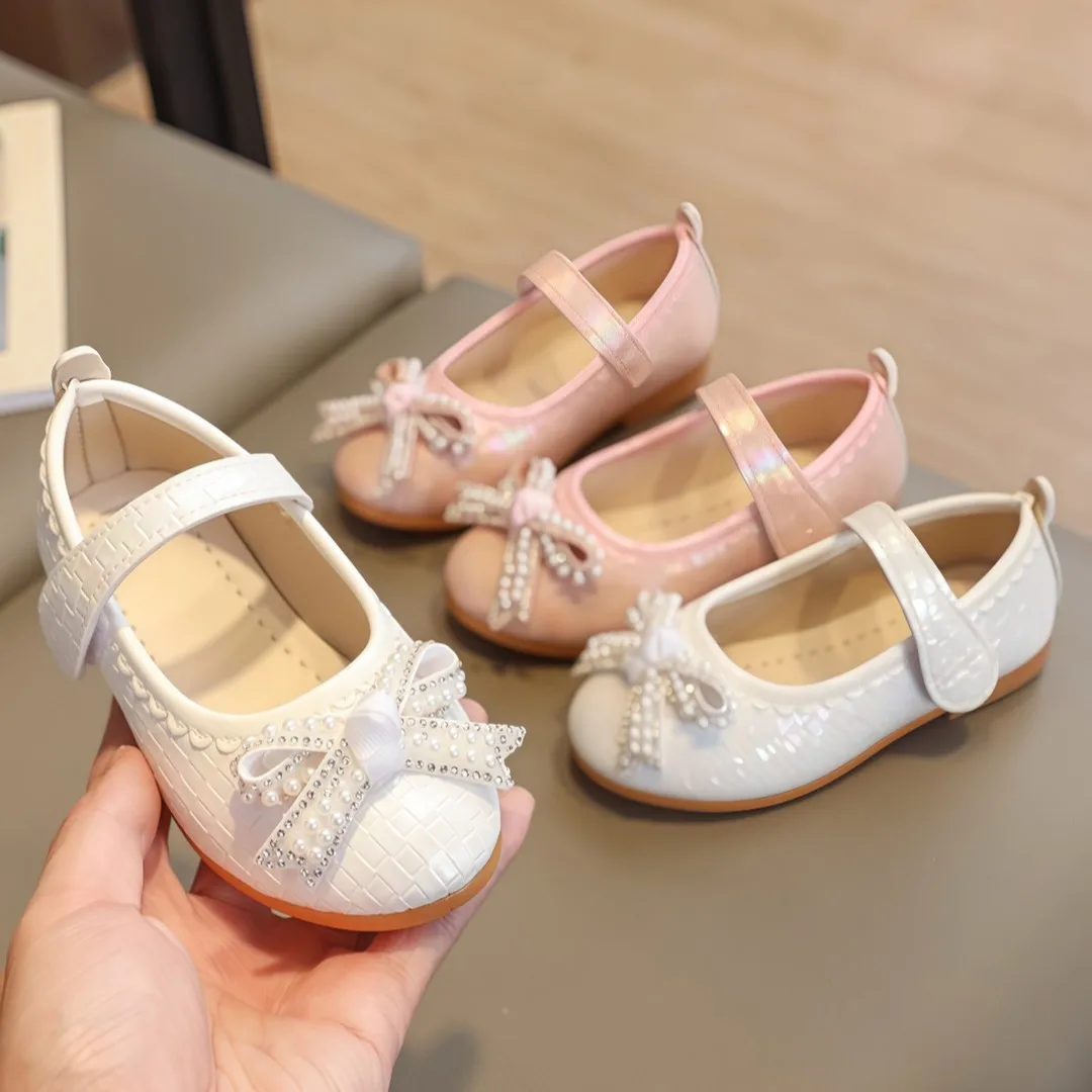 Spring Autumn Children Crystal Princess Leather Shoes Kids Bow Soft Sole Strap Shoes Girls Mary Jane Loafers Daily Casual Shoes
