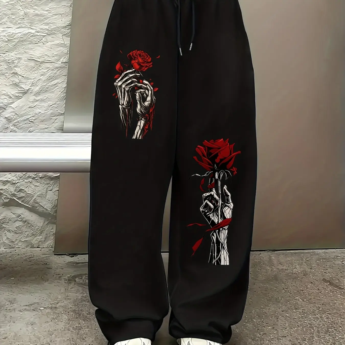 Men's and Women's Summer Retro Skeleton Hand with Red Rose Print Gothic Style Street Casual Sports Breathable Quick Drying Pants