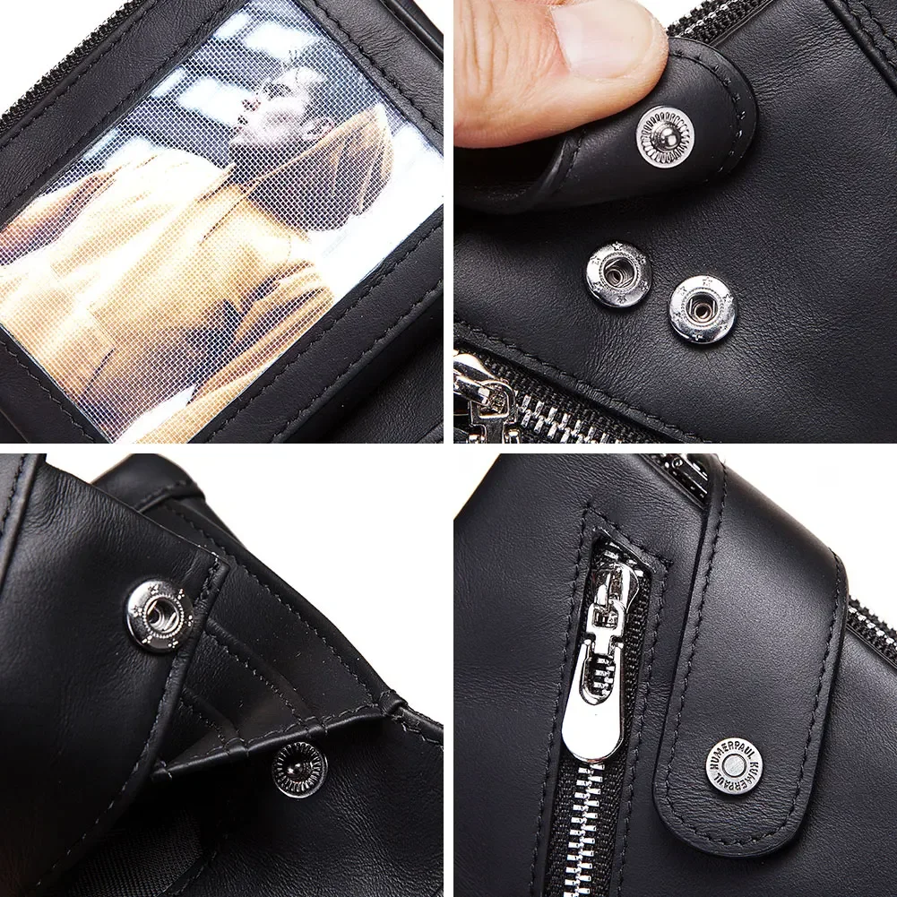 Short Wallet for Men RFID Blocking Genuine Leather Male Wallets Cowskin Cards Holder Coin Pocket Anti-theft Metal Chain Purse