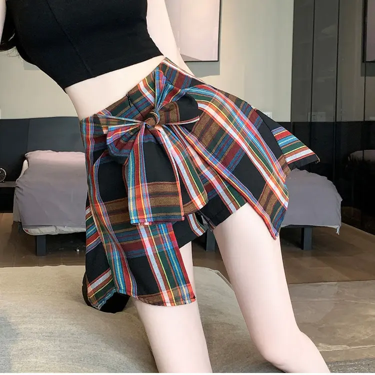 

Korea Bow Checkered Skirt Shorts Women Summer Spicy Girl Design A-Line Half Skirts Bottoms Girl Group Skirt