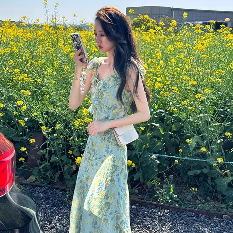 Double Layer Inner Design Floral Print V-Neck Puffy Sleeve Slimming Cut Summer City Walk X-Shape Women's Dress Polyester Fiber