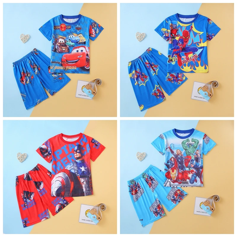 Summer Boy Short Sleeve Pajamas Set Cartoon Spiderman McQueen Cars Sleepwear Baby Homewear Children Clothes Kid Nightgown Pijama