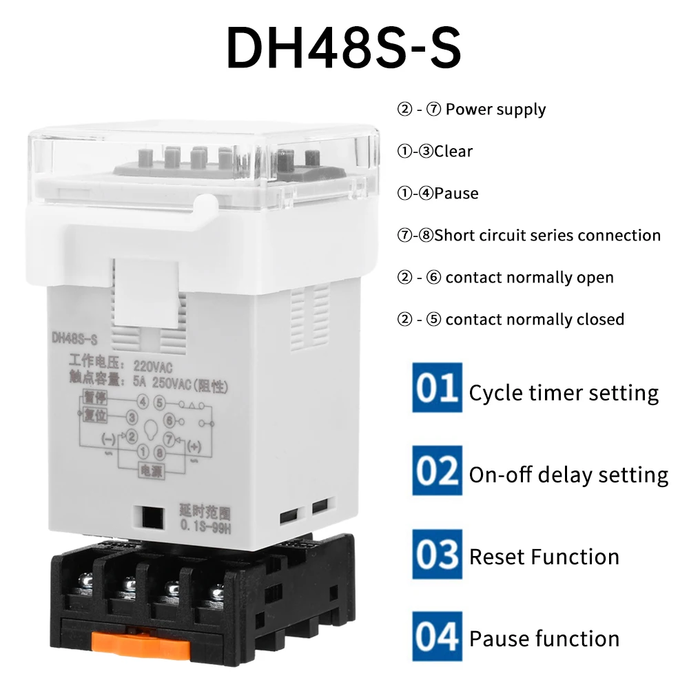 AC/DC 12V/24V 5A AC 220V 5A 5W Time Relay 0.1S-99H Cycle Timing On-off Timing Relay Digital Display with Base