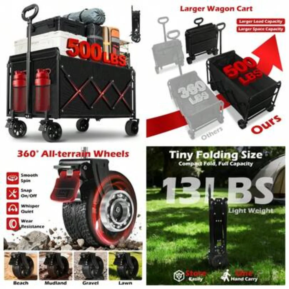 Collapsible Wagon Cart Heavy Duty 500LBS Capacity Folding Utility Wagon with Brakes All Terrain Wheels Large Portable Foldable Garden Cart for Beach Camping Sports Grocery Shopping Outdoor Travel Black