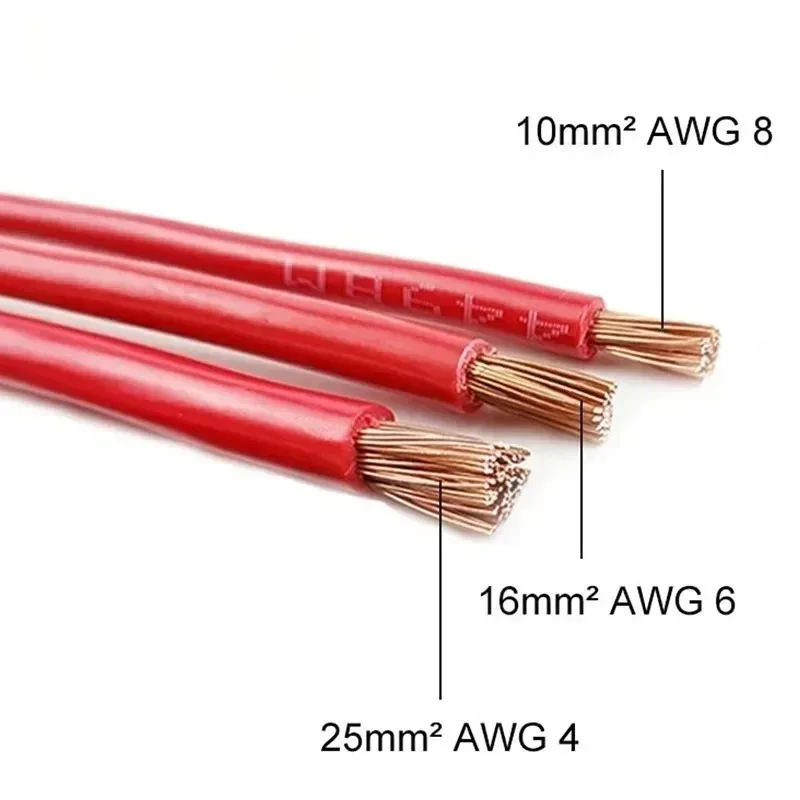 Nowy zestaw kabli 6AWG 50cm z izolacją PVC, z rdzeniem z czerwonej miedzi, ocynkowanymi końcówkami i złączkami, do połączenia akumulatora z falownikiem.