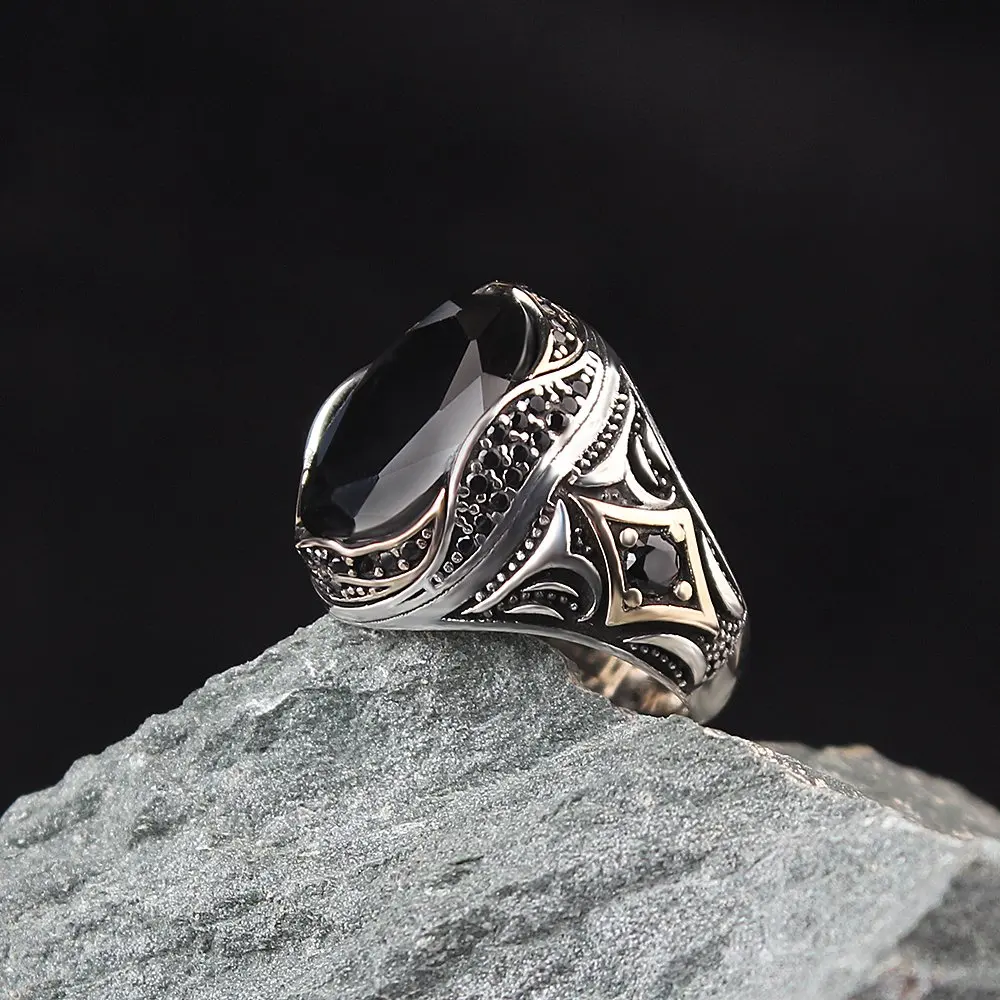 Black Zircon Stone 925 Sterling Silver Men's Ring