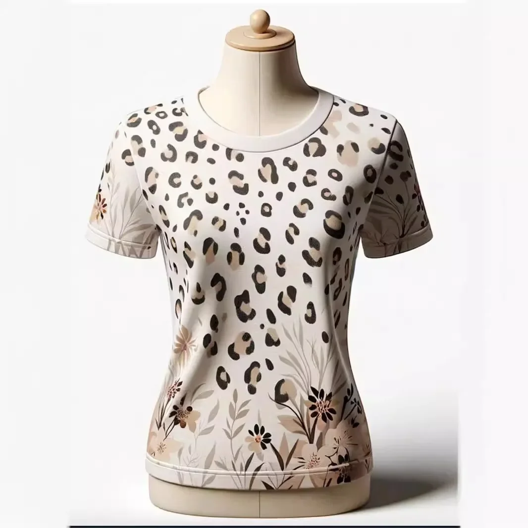 2024 New Women's T-shirt Independent Station Shein Amazon Temuleopard Slips Round Neck Short Sleeves European American Trade