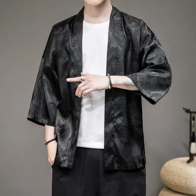 

Summer Ultra-thin Ice Silk Breathable Dragon Robe Dark Pattern Chinese Style Loose Ancient Style Hanfu Men Taoist Robe Cardigan