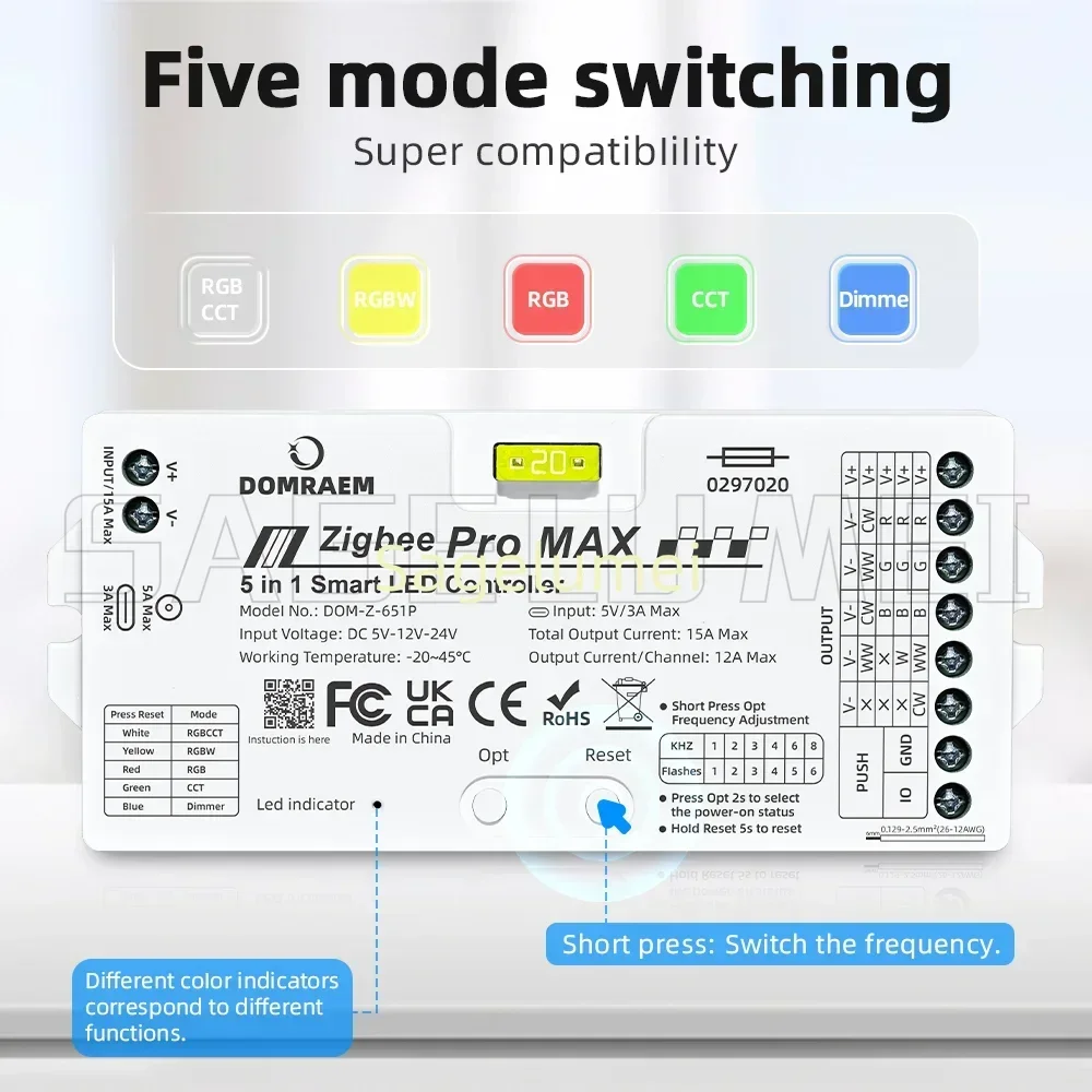 DOMRAEM Pro MAX Smart 5‑in‑1 LED Strip Controller Supports CCT RGB RGBW RGBCCT Dimming with External 20A Zigbee Pluggable Fuse 4