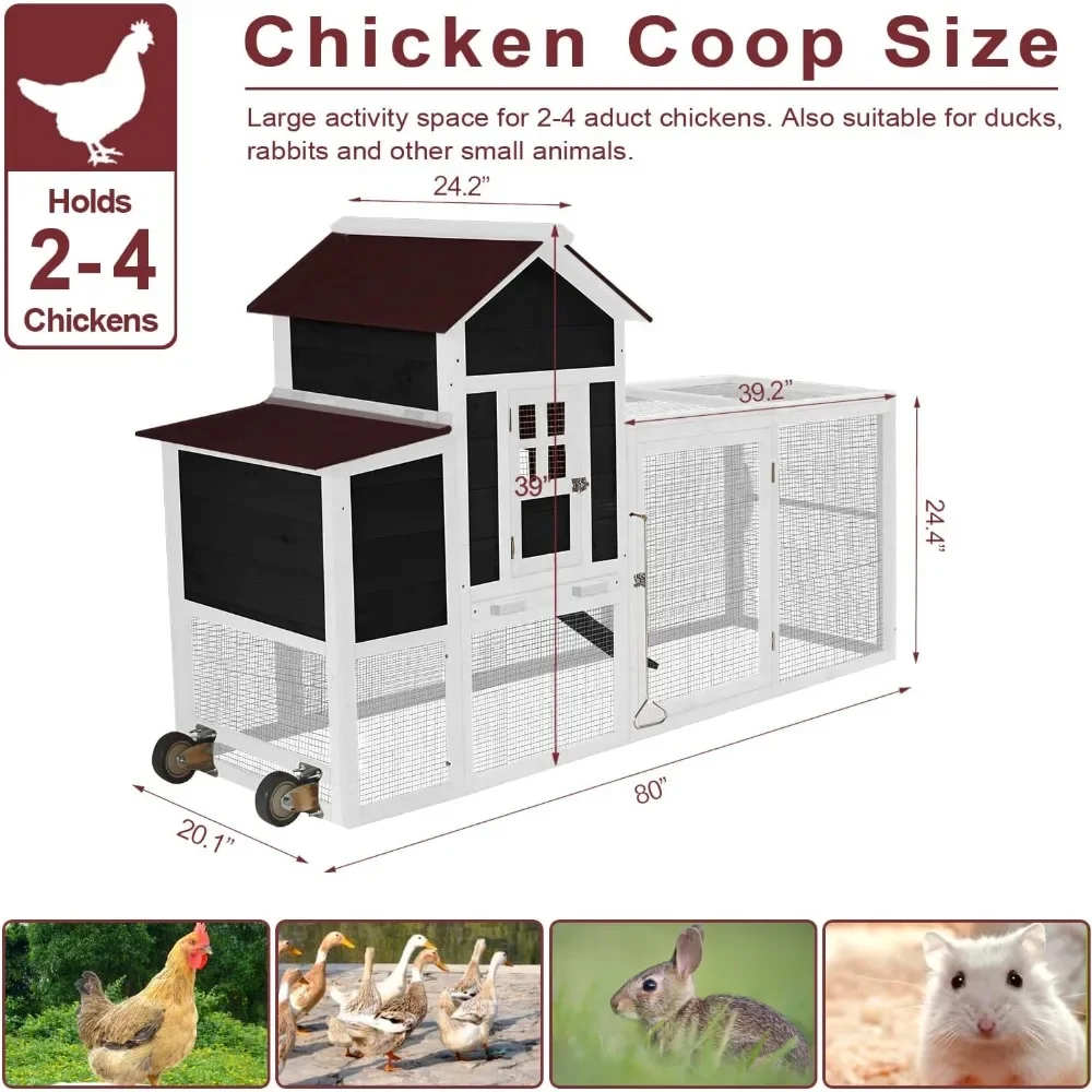 80” Chicken Coop with Run, Mobile Wooden Hen House for 2-4 Chickens, Rabbit Hutch for Backyard, Duck Cage with Removable Tray