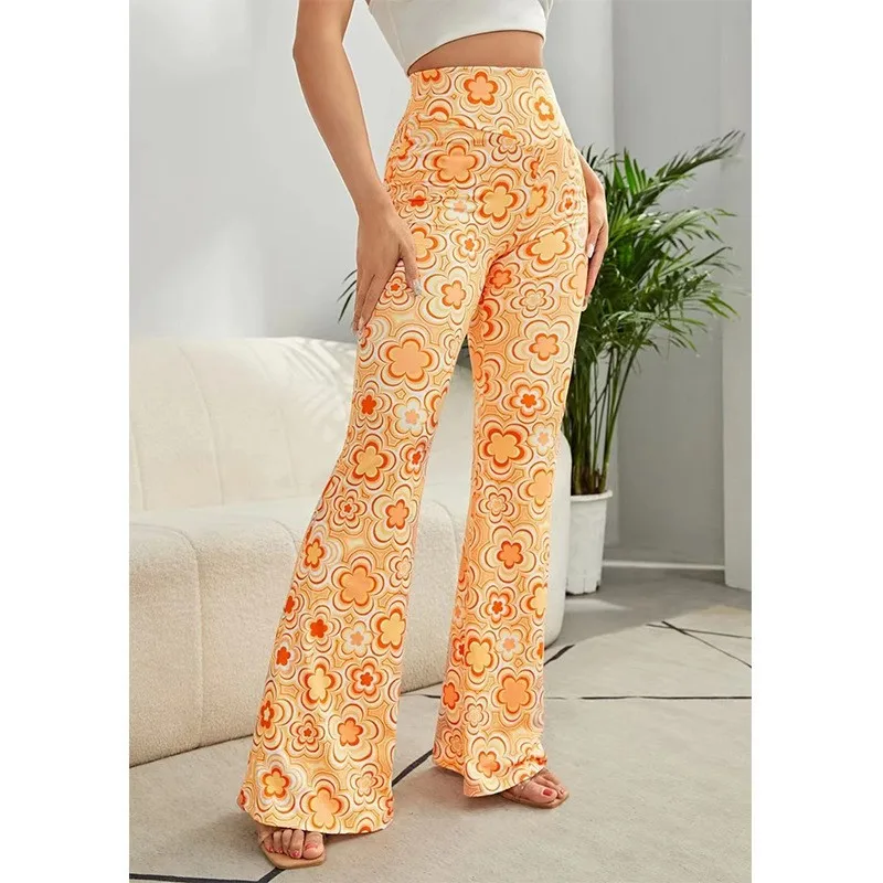 High Waist Casual Flared Pants for Women Ladies Loose Leg Trousers Long Pants Micro Flare Print Design Summer Collection