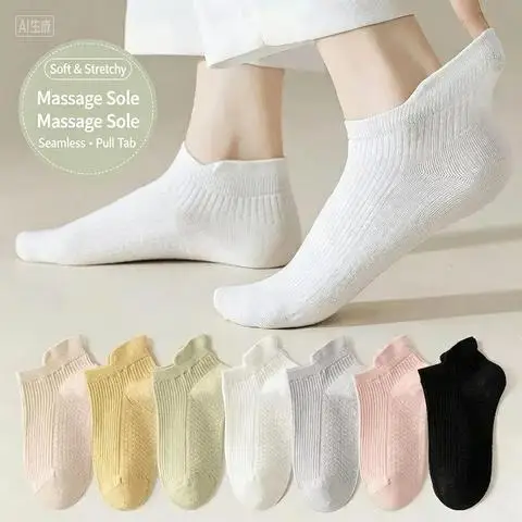 Women Polyester Boat Socks Massage Sole Heel Tab Seamless Toe Cabled Mesh 7 Colors High Stretch Anti Odor Japanese