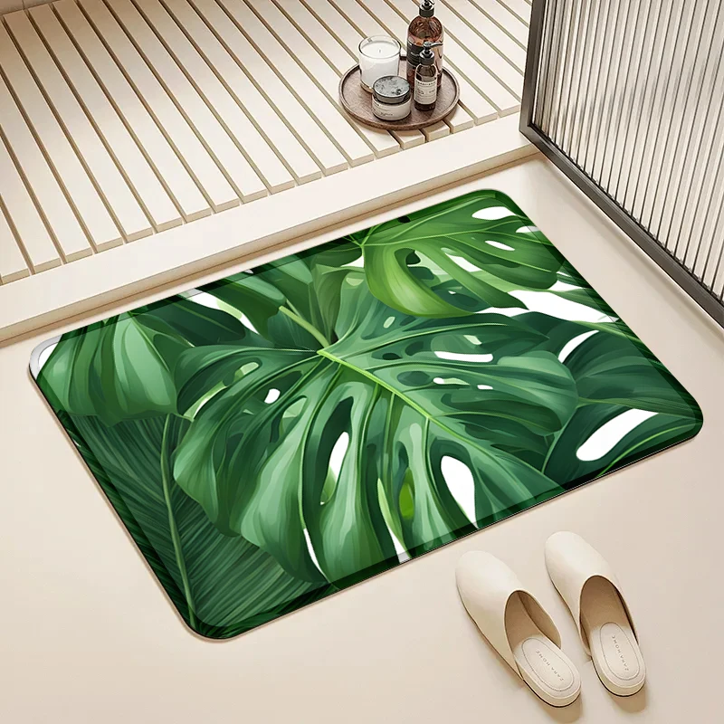 

Tropical Monstera Leaf Flannel Doormat Non-Slip Absorbent Soft Floor Mat for Entryway Bathroom Kitchen Home Decor Durable