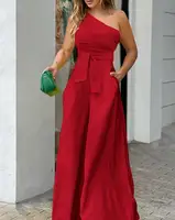 Mono elegante de pierna ancha para mujer, mono sin mangas con un hombro, diseño de bolsillo, detalle atado, trabajo, oficina, moda de verano