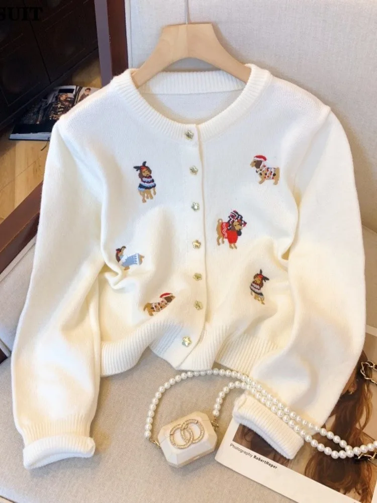 Stylish Embroidery Cardigan Sweater Women 2025Spring Fashion Elegant Chic Ladies Knitwear Top Long Sleeve Elegant O-neck Jumpers