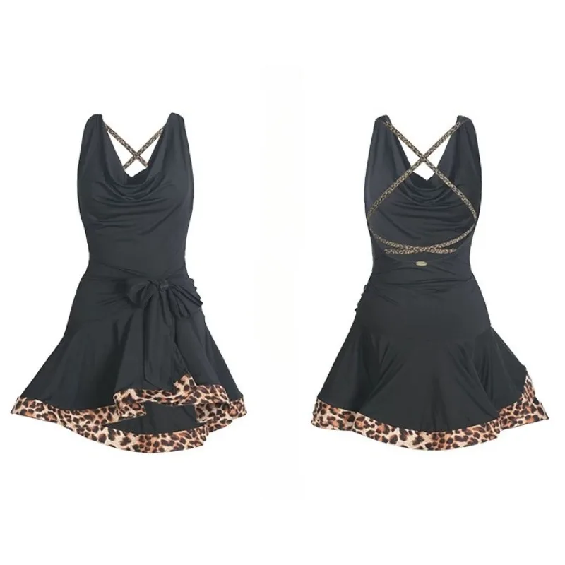 customized WJJdance backless Latin dance dress for women swing collar waist side tie leopard print fishbone edge dance dress