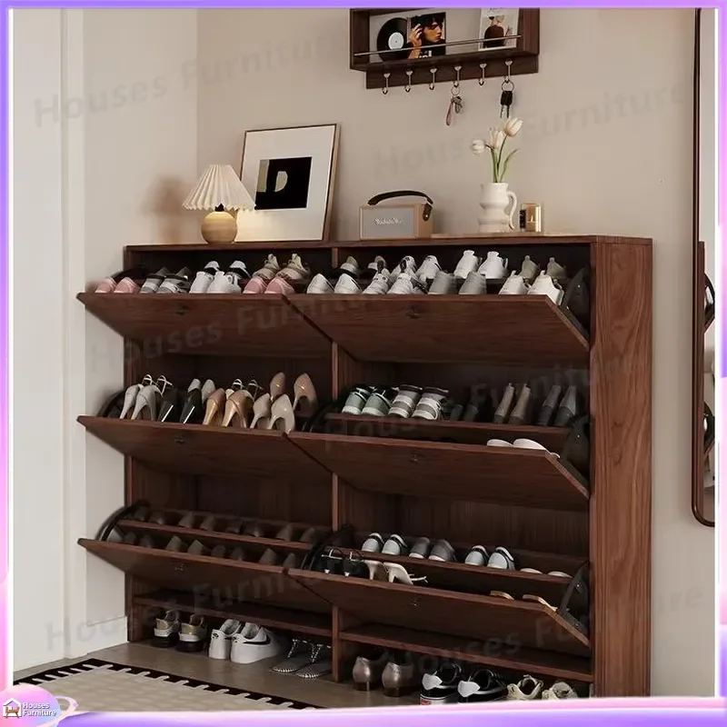 Foldable Shoe Cabinet for Entryway Modern Ultra Thin Floor Standing Shoe Rack Walnut Veneer Customizable Storage Organizer